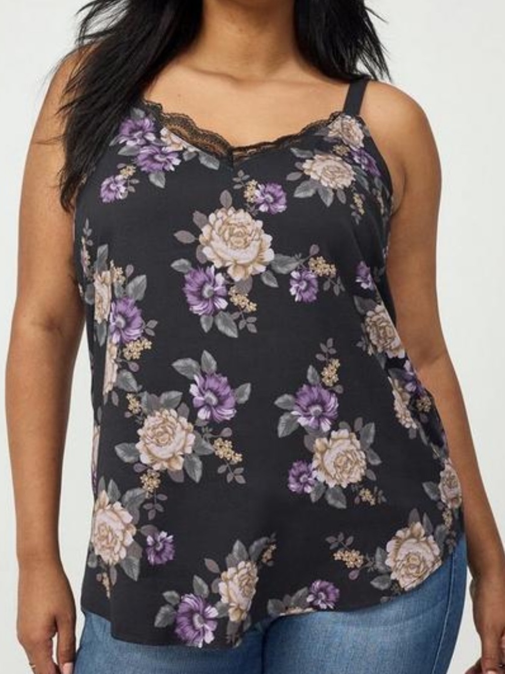 Black Floral Lace-Trim Camisole